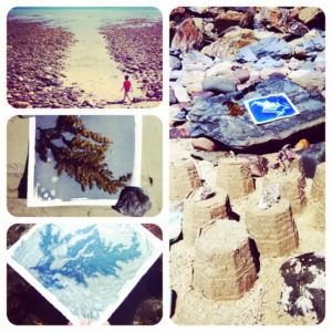 Exposing and developing cyanotypes at the beach! Take some pre-coated paper with you in a light-proof bag. Spend a while raiding rock pools for interesting shells and seaweeds, let them dry off a little and then arrange them on a piece of cyanotype paper. Use your shadow to prevent too much light reaching the paper while you arrange your objects. Wash in the seawater and pop on a rock to dry. Too easy.