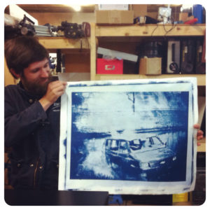 John had a brilliant/crazy idea to make giant negatives on ortho film for contact printing. No digital negatives for This Man! We convinced him to test one out with some cyanotype. Blue goo, we do love you.